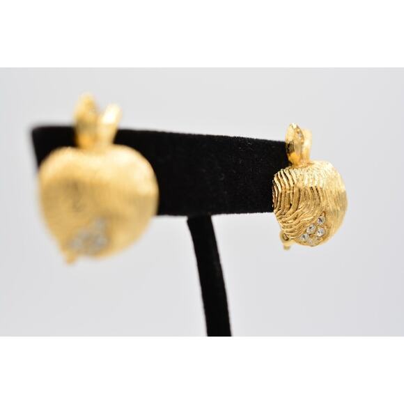 Givenchy Vintage Clip On Earrings Apple Rhinestone Brushed Gold Signed 80s BinQ - Picture 5 of 12